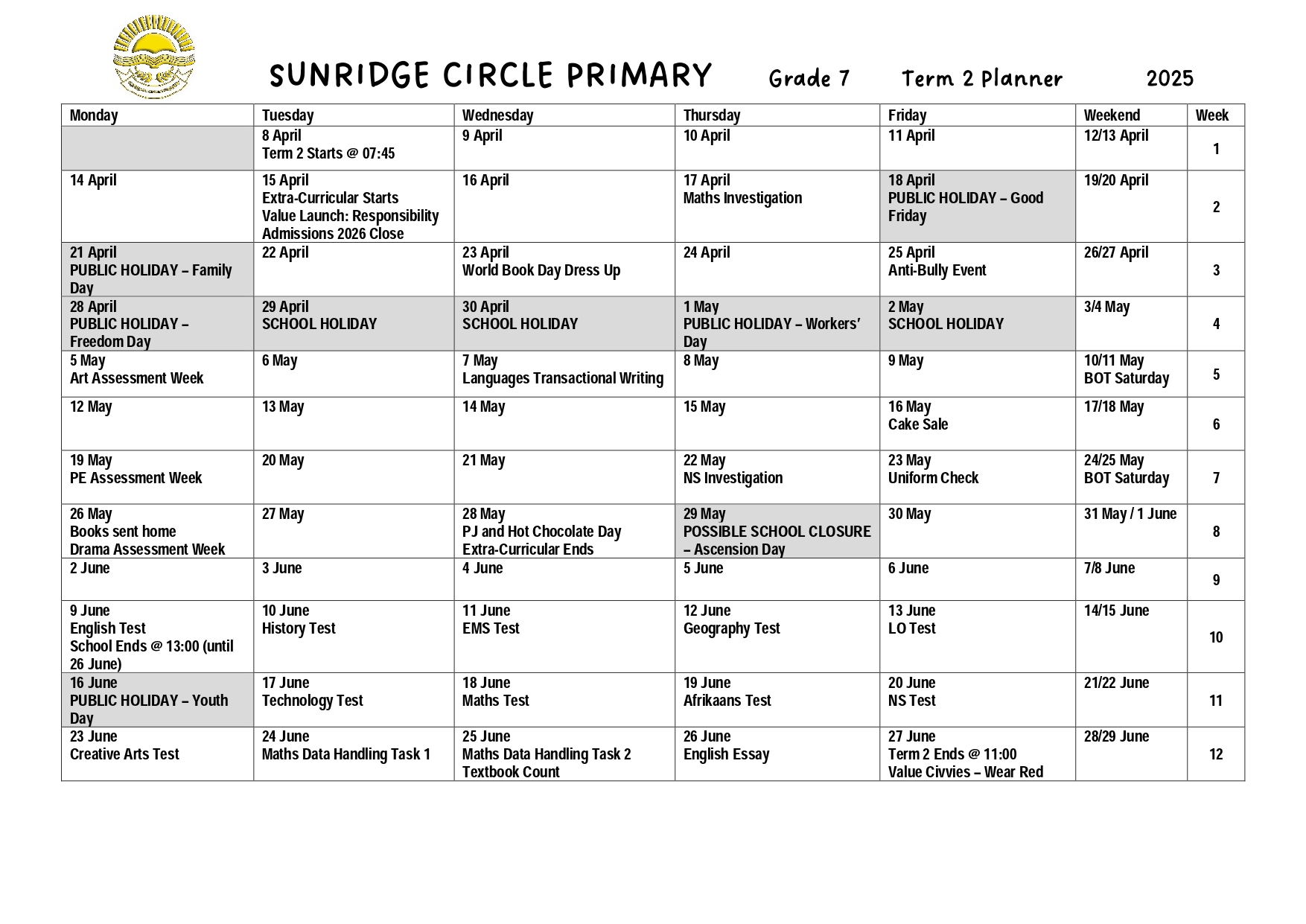 Gr7 Term 2 planner