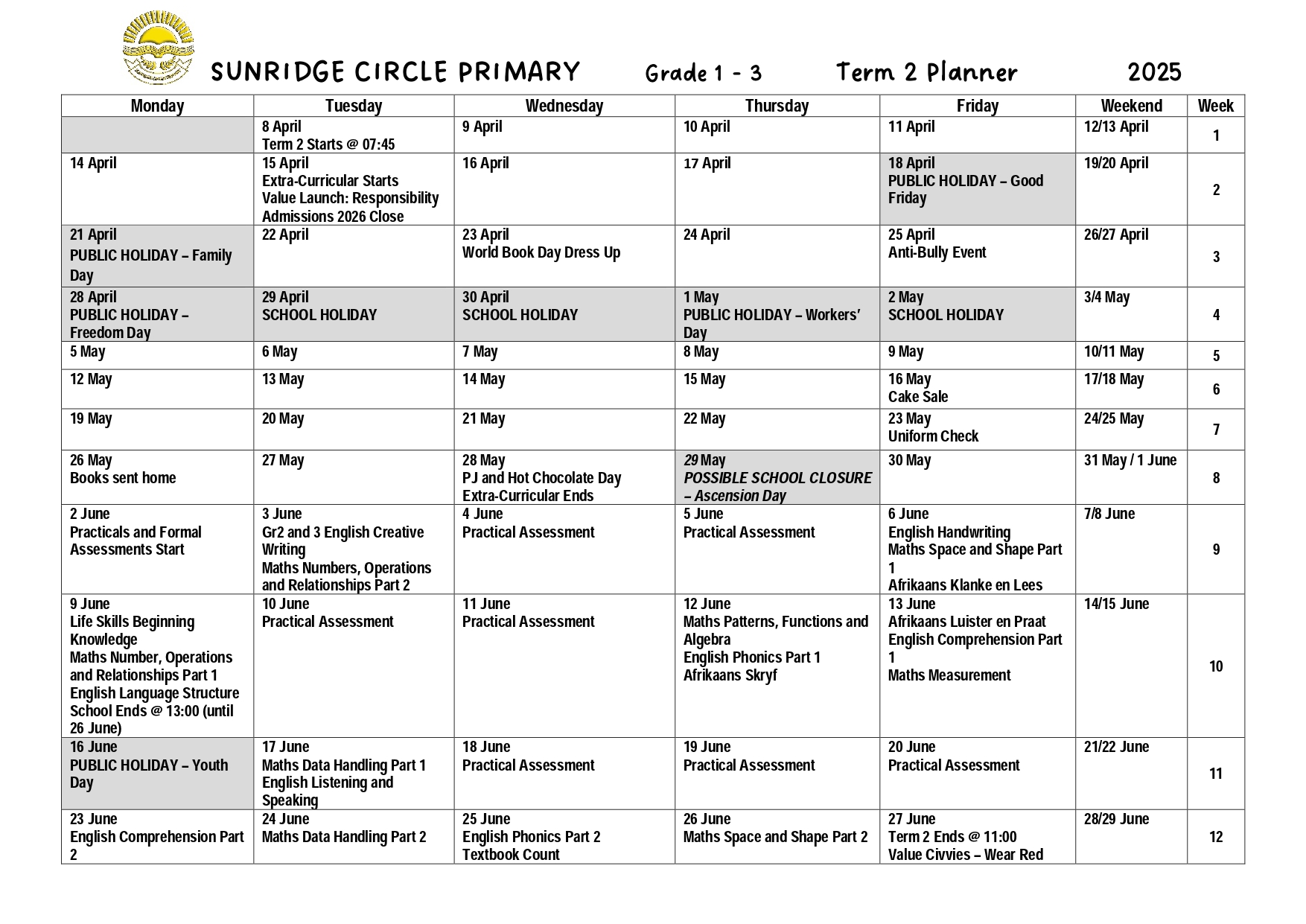 Gr 1-3 Term 2 Planner