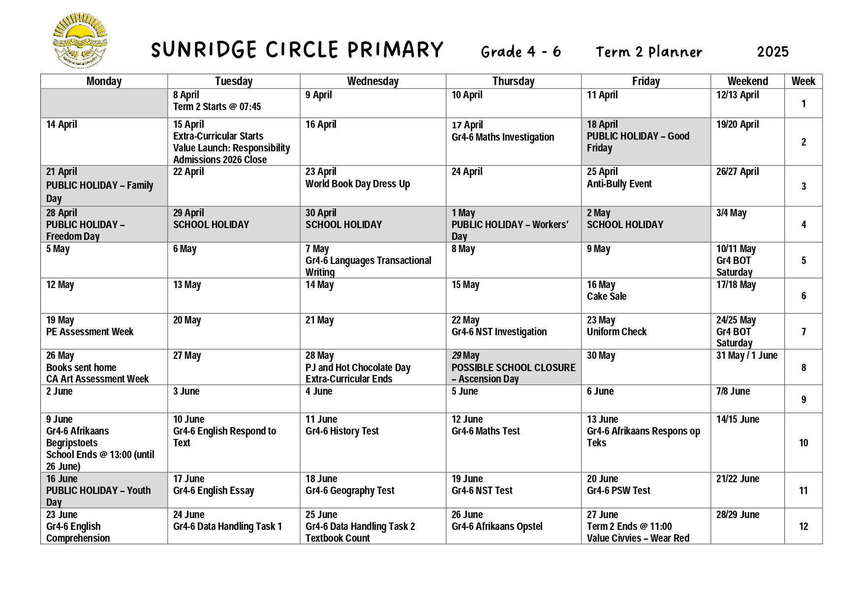 Gr 4-6 Term 2 planner